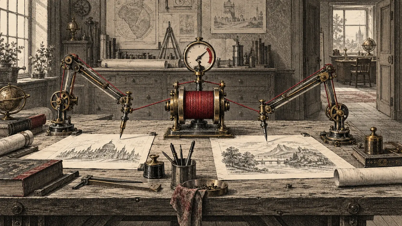Engraved workbench with two mechanical drafting arms connected to one crimson spool beneath a gauge, and a separate desk beyond a doorway.