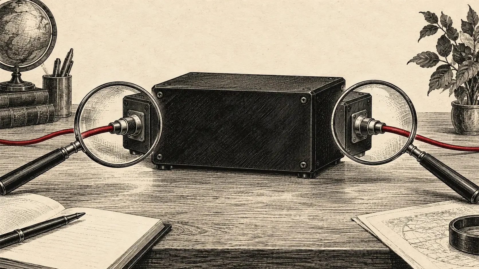 A sealed black instrument with magnifying lenses over its input and output connections.
